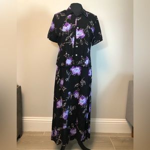 Vintage K Petite Floral Black Maxi Dress with Matching Shortsleeved Jacket 12P